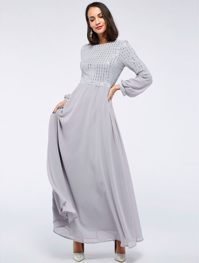 Robe longue ample buste à sequins - gris clair - 3