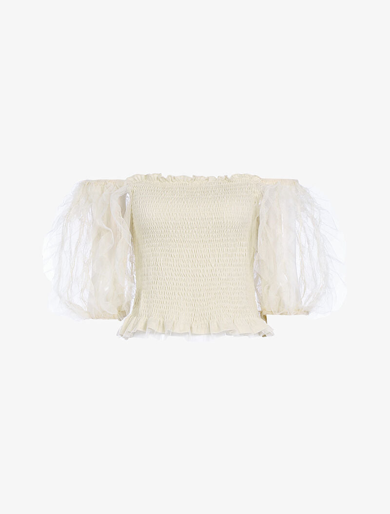 Crop top à manches bouffantes volantées - beige - 3