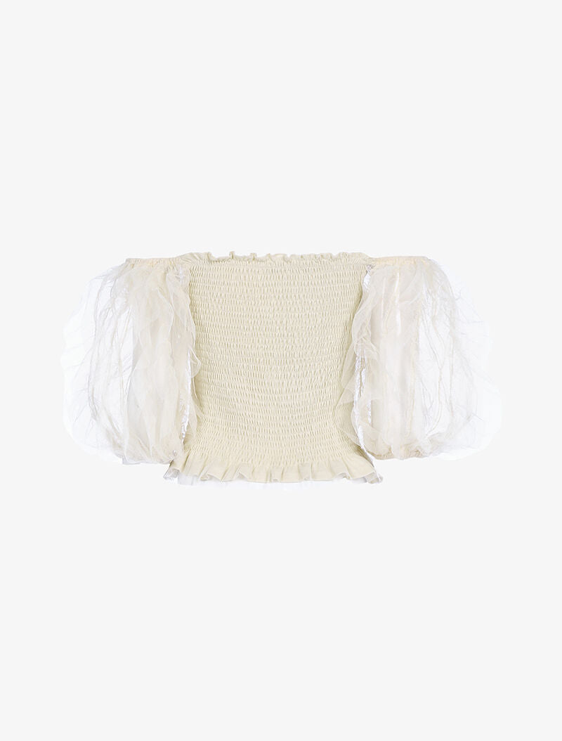 Crop top à manches bouffantes volantées - beige - 4