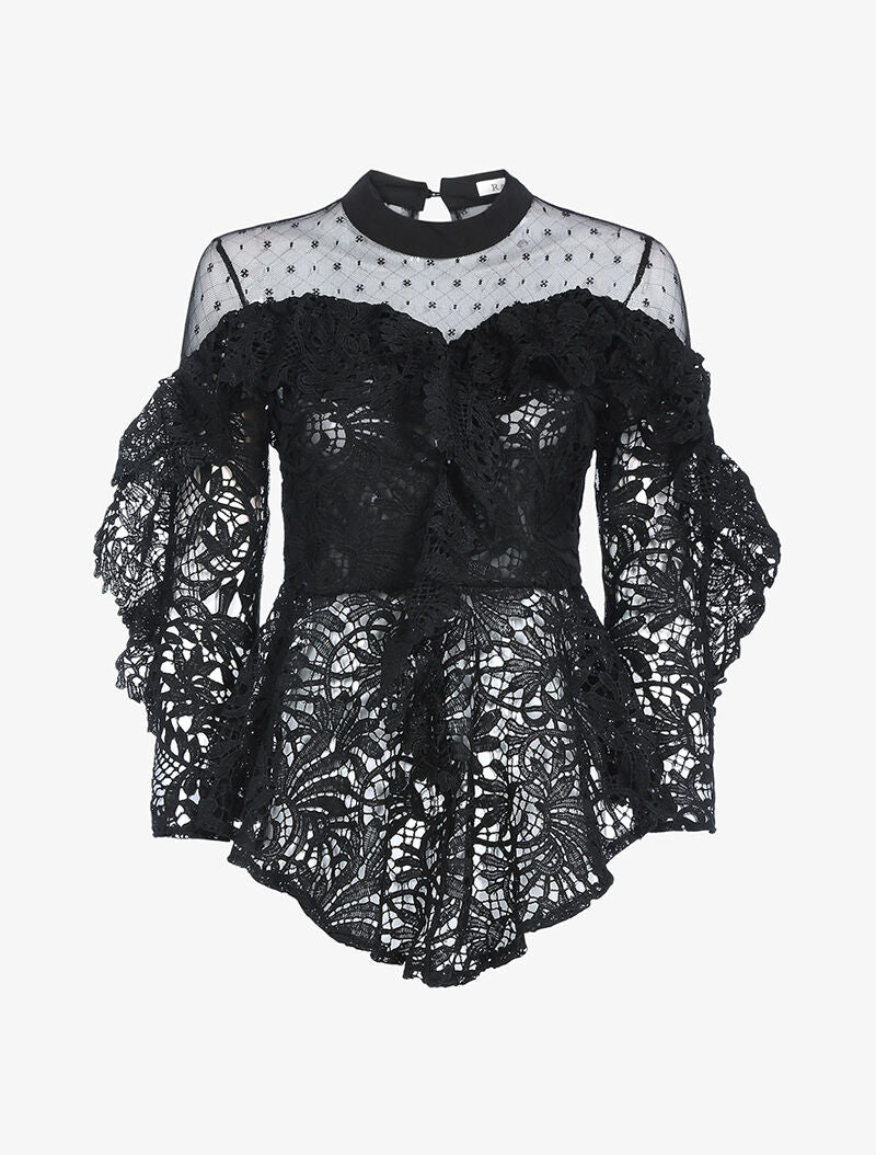 Top asymétrique en dentelle festonnée - noir - 1
