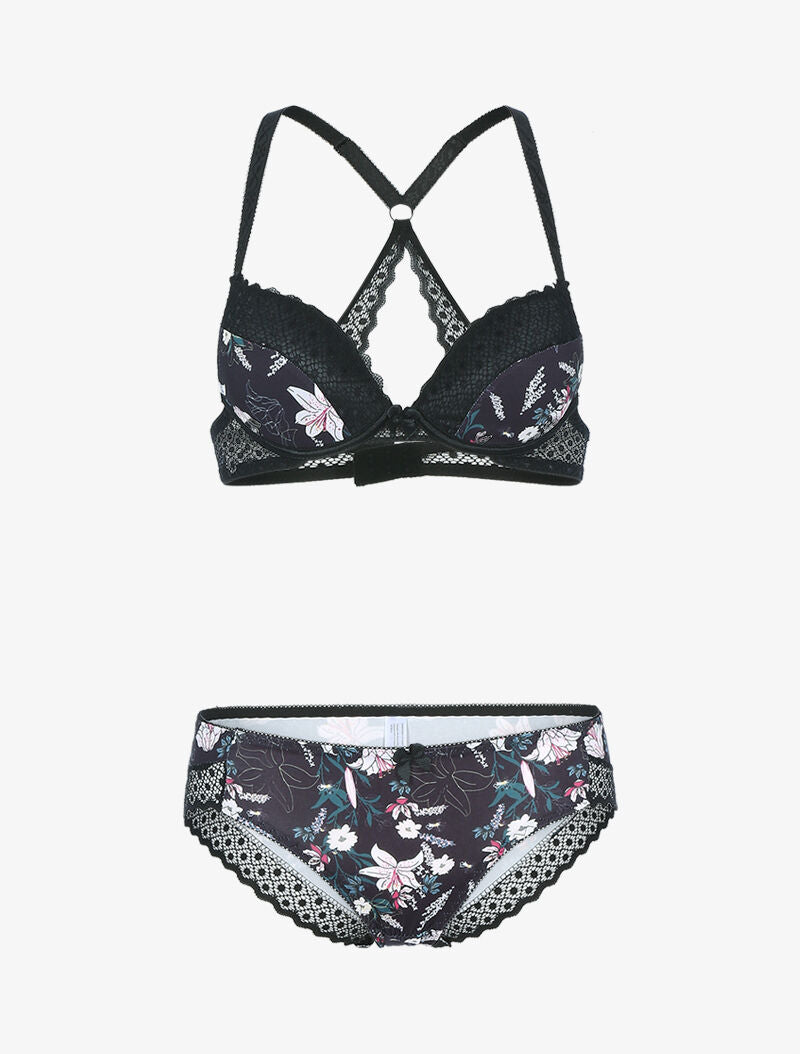 Ensemble à imprimé fleur et bords brodés - noir - 3