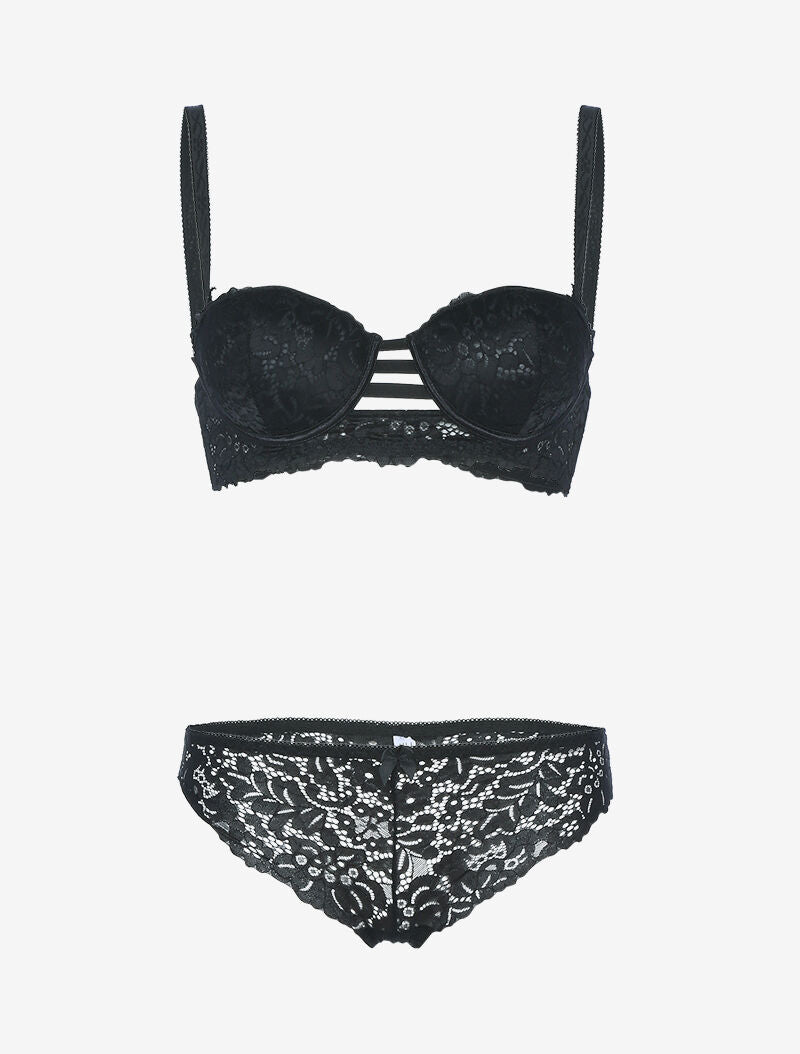 Ensemble bustier en dentelle festonnée et lanières - noir - 1