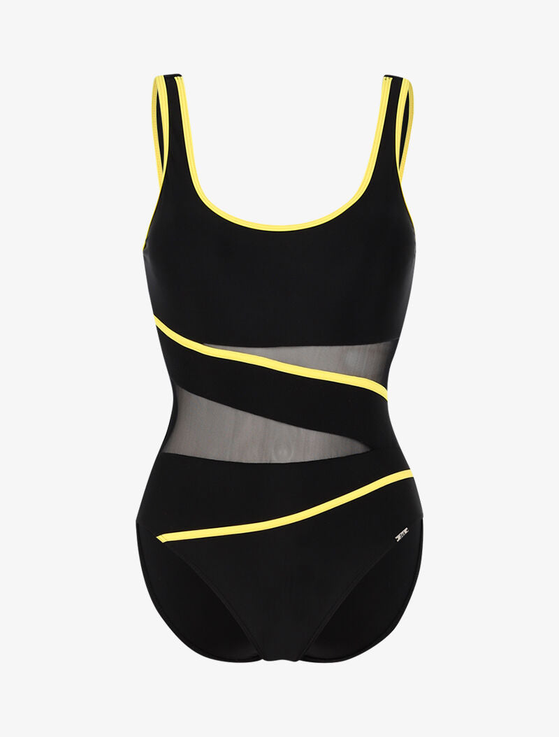 Monokini à détails résille et bandes contrastantes - noir/jaune fluo - 1
