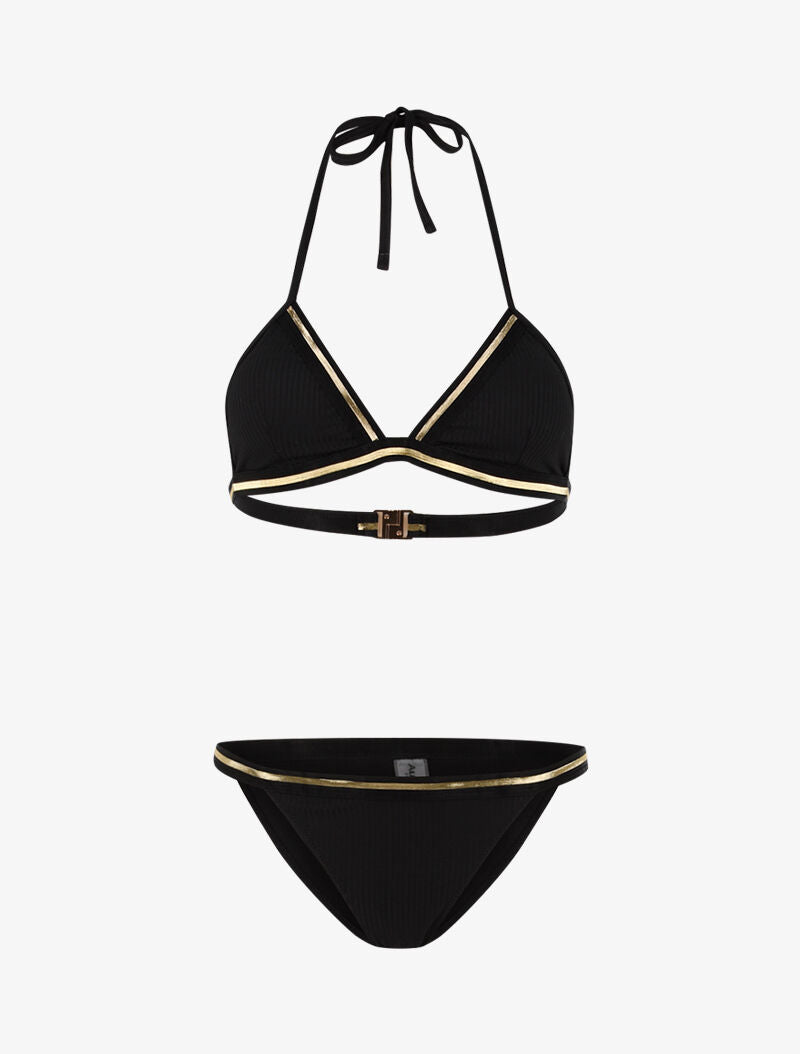 Bikini côtelé à liserés dorés - noir/or - 1
