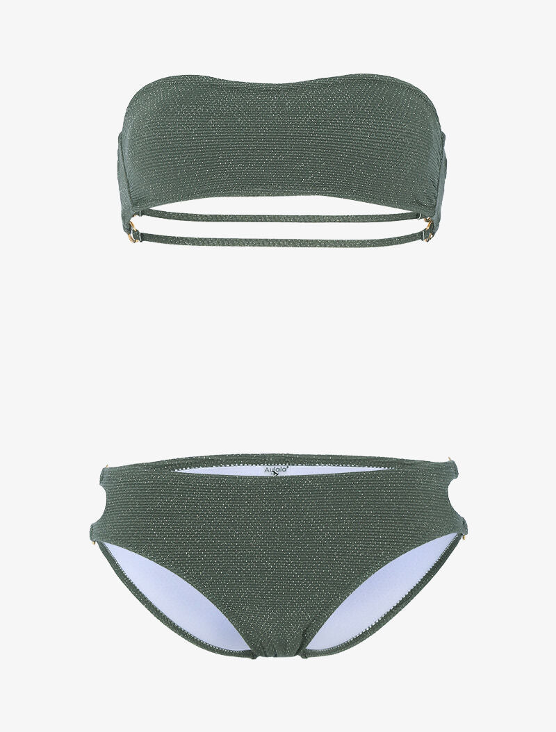 Bikini bandeau lamé à oeillets dorés - kaki - 1