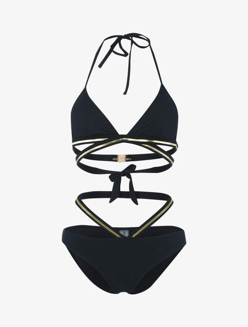 Bikini côtelé à bandes dorées - noir - 1
