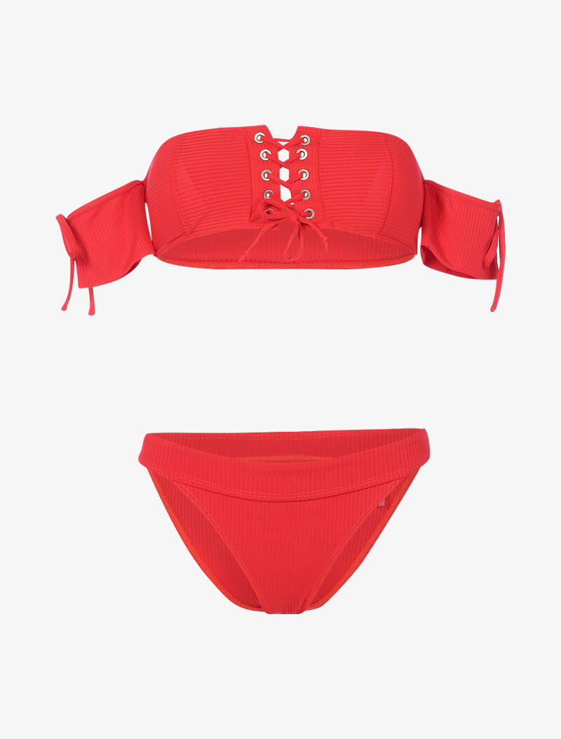 Bikini côtelé à corsage et tanga ajouré - rouge - 1