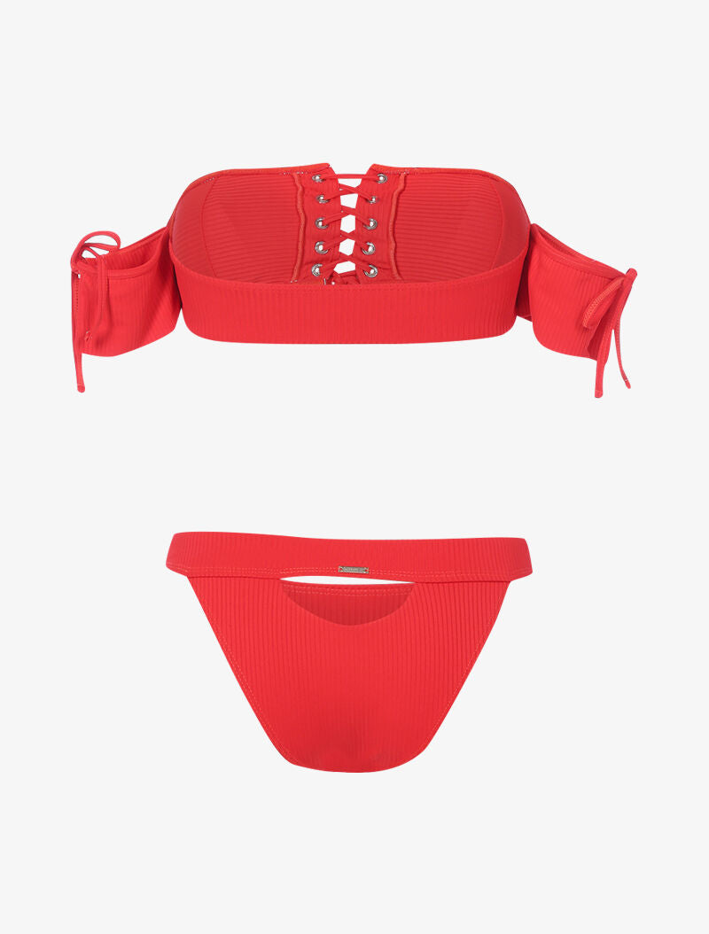 Bikini côtelé à corsage et tanga ajouré - rouge - 2