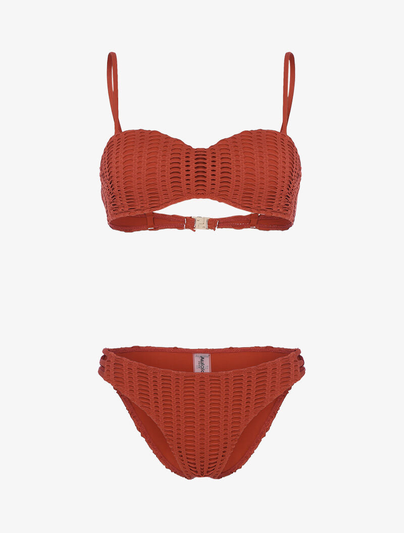 Bikini à balconnet à doublure ajourée graphique - rouge brique - 1