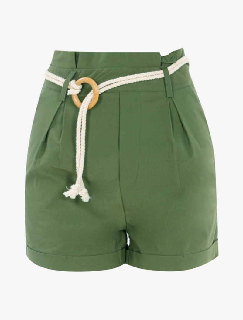 Short uni avec ceinture style corde - kaki - 1
