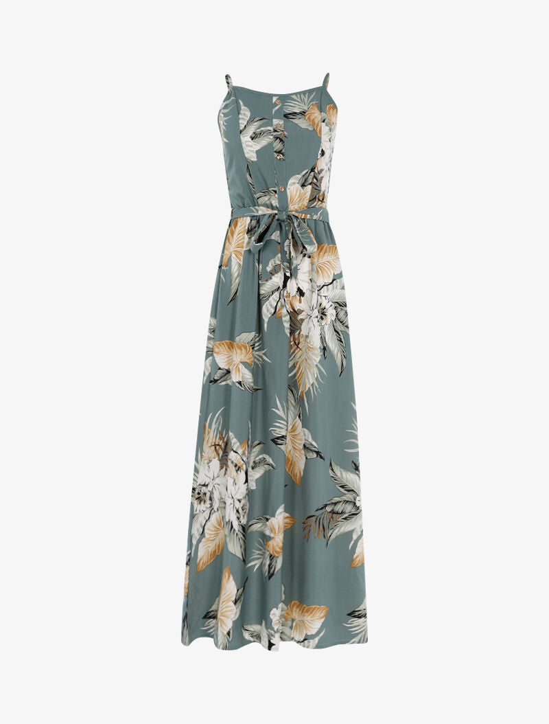 Robe longue à imprimé tropical - bleu gris - 1