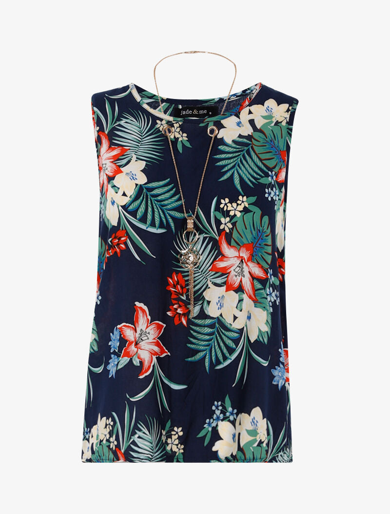 Top à imprimé fleuri et sautoir - marine - 3