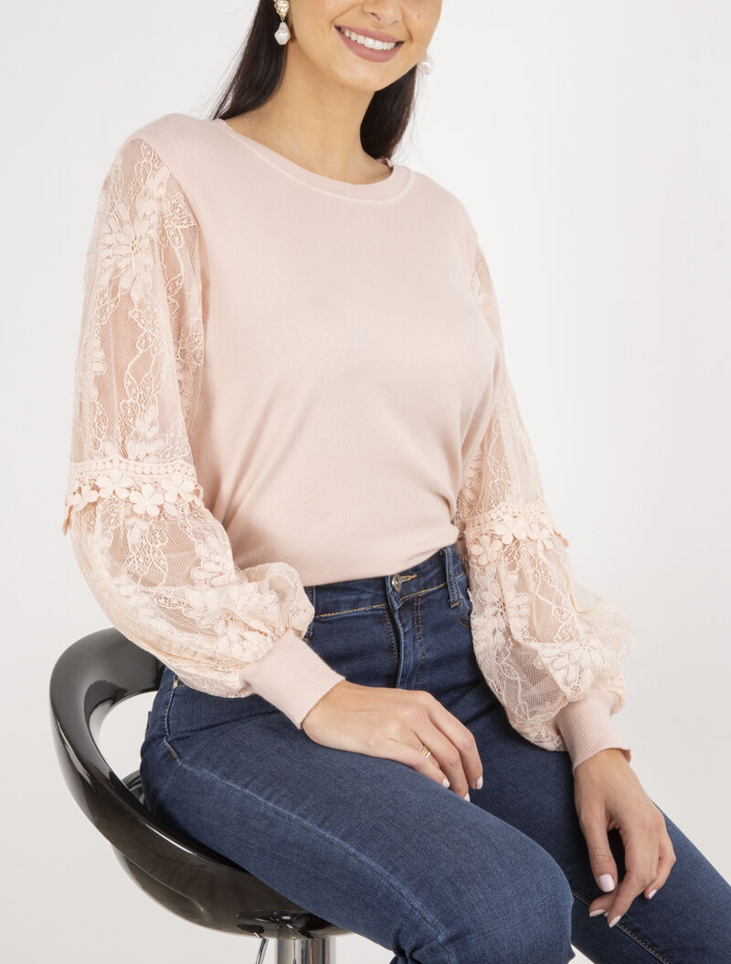 Pull à manches bouffantes stylisées - rose orange - 1