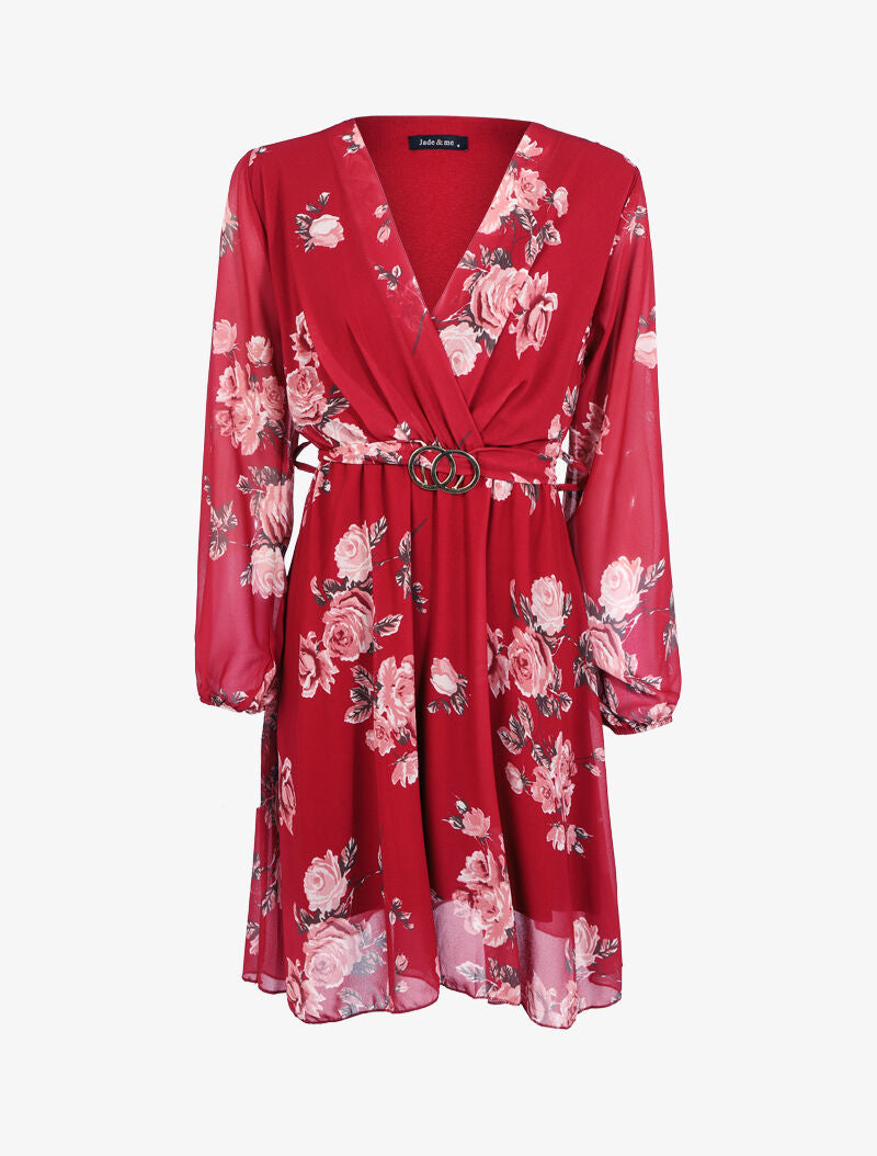 Robe fleurie à ceinture intégrée - bordeaux - 1