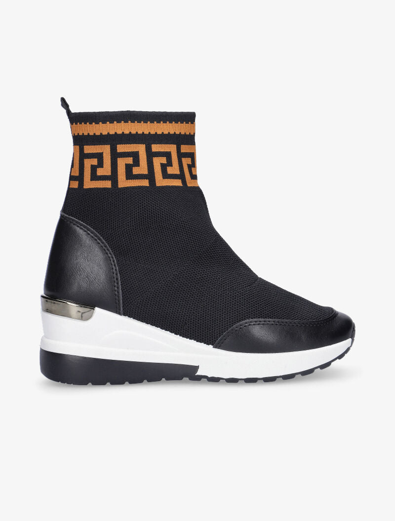 Boots compensées en tissu à imprimé grec - noir/camel - 5