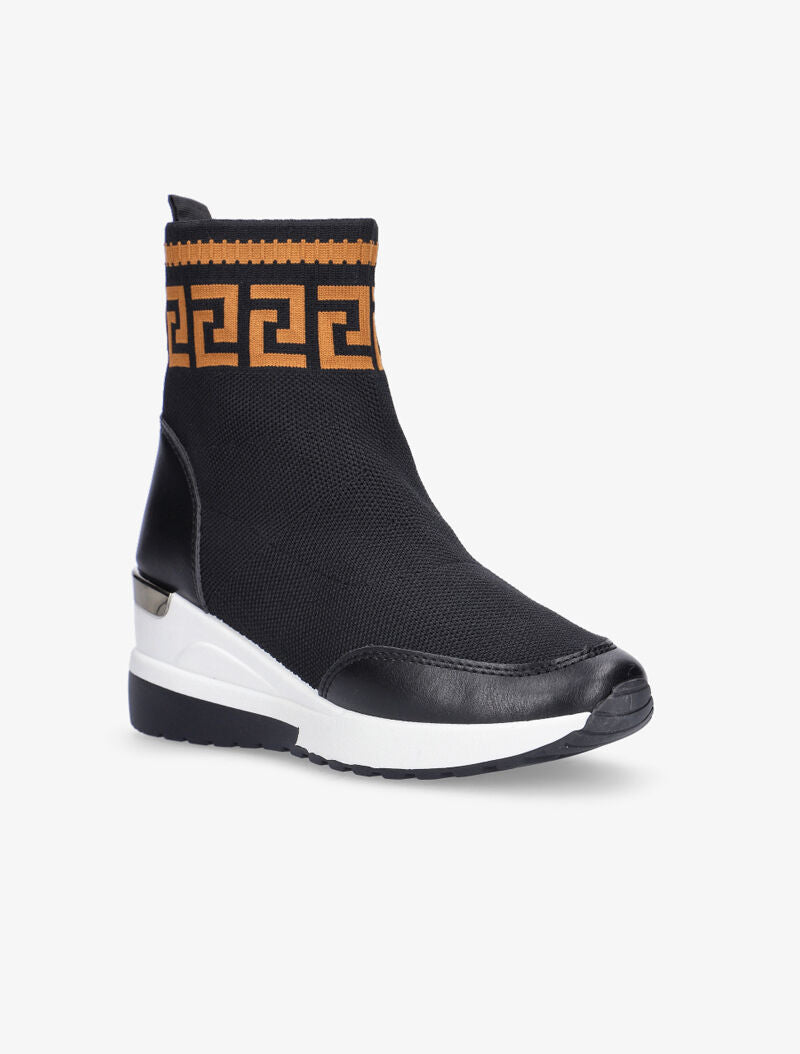 Boots compensées en tissu à imprimé grec - noir/camel - 2