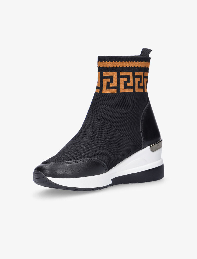 Boots compensées en tissu à imprimé grec - noir/camel - 3