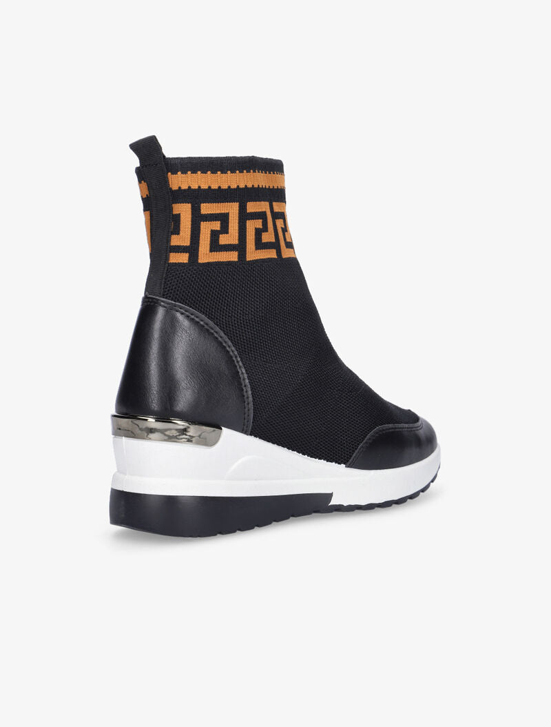 Boots compensées en tissu à imprimé grec - noir/camel - 4