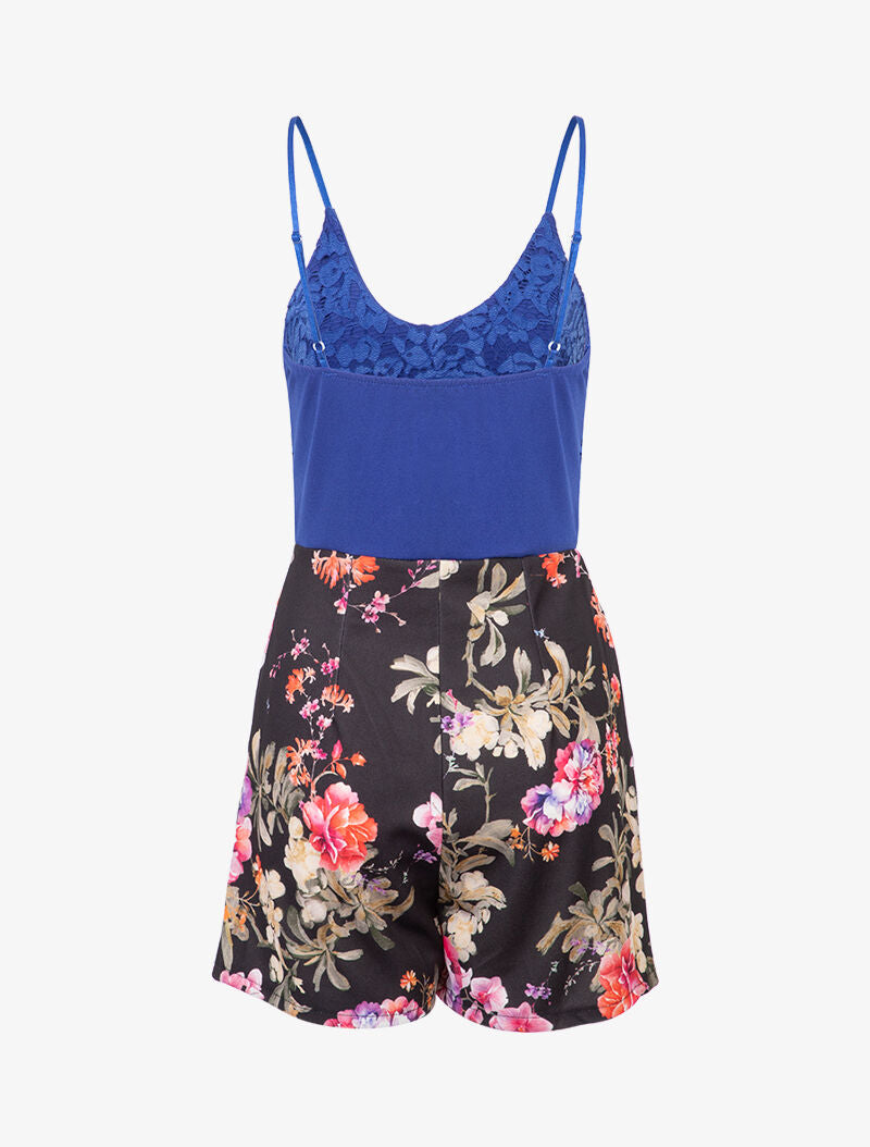 Combishort à buste dentelle et imprimé fleuri - bleu roi - 2
