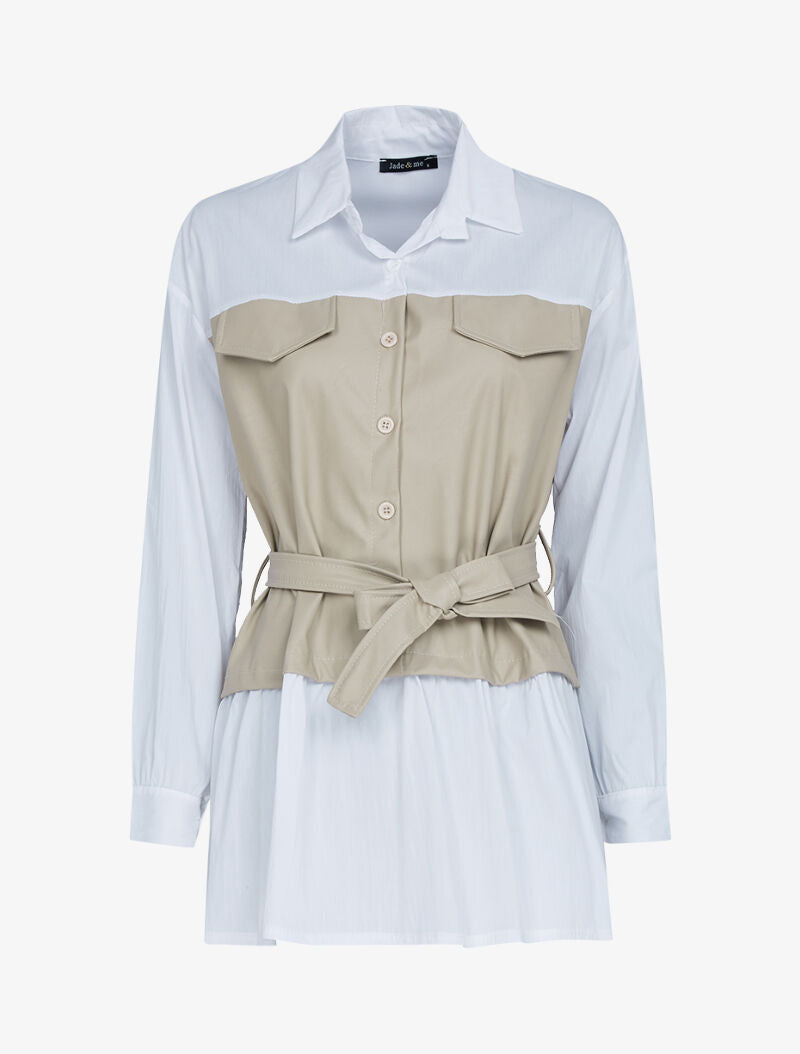 Tunique style chemise à buste simili - beige - 1