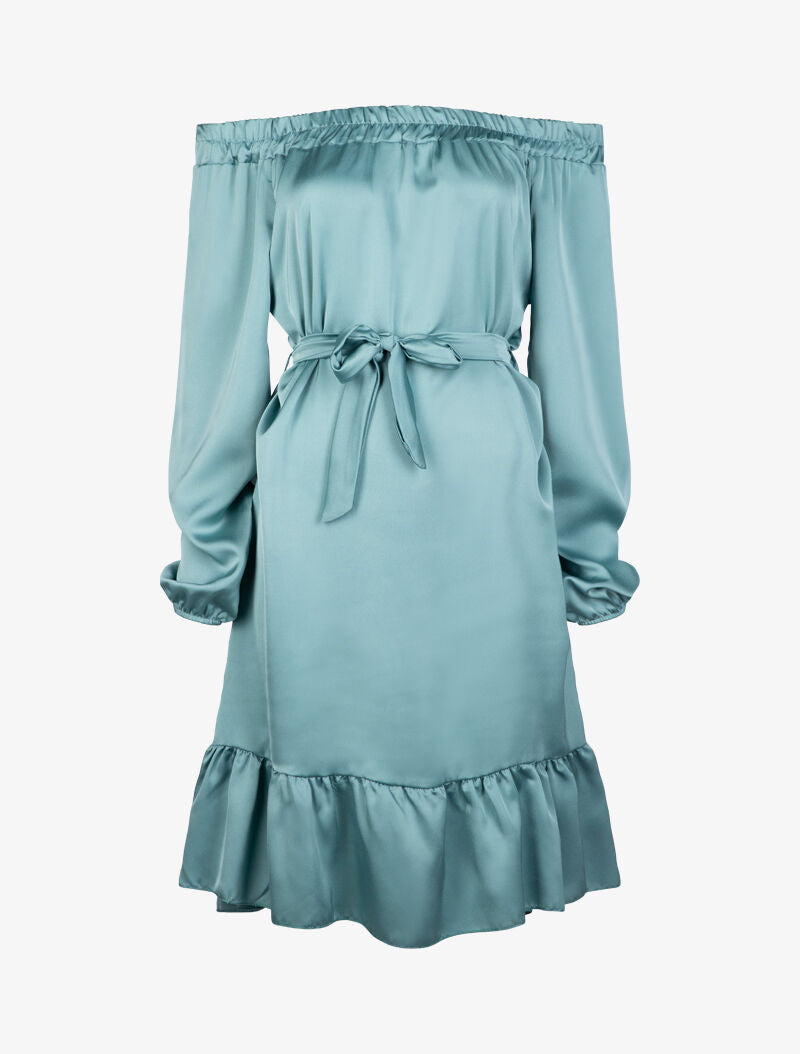 Robe satinée à bord volanté - turquoise - 2