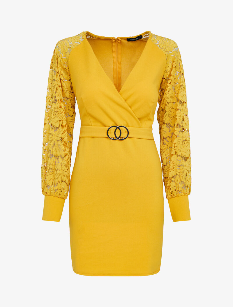 Robe ajustée à manches dentelle - jaune - 3
