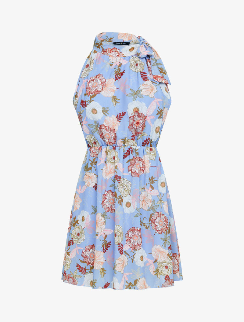 Robe à col americain et fleurs - bleu ciel - 1