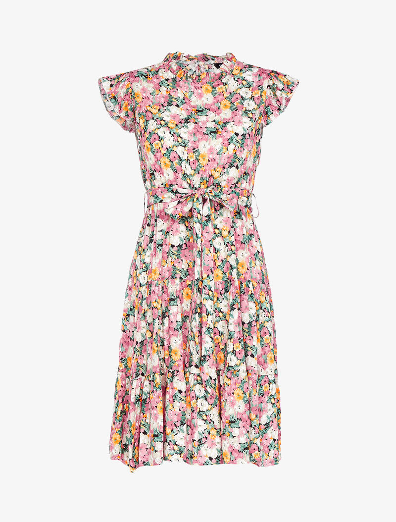 Robe fleurie à col montant volanté - rose - 3