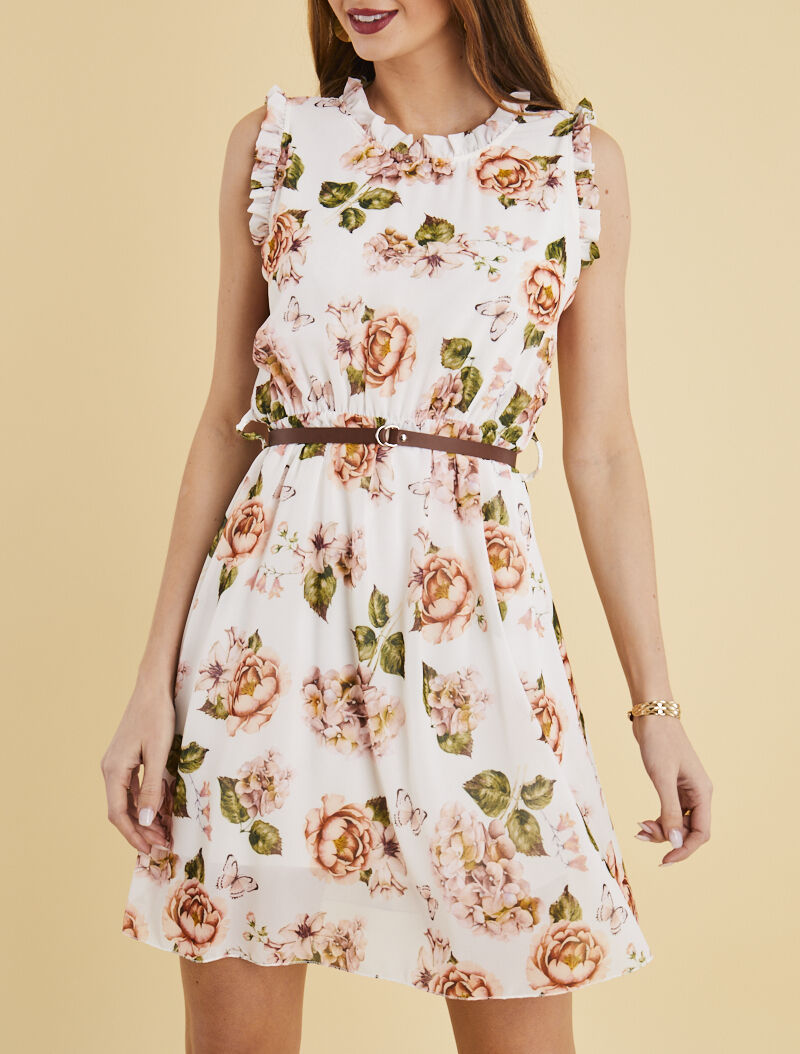 Robe imprimé fleurs à col et manches volantées - blanc - 1