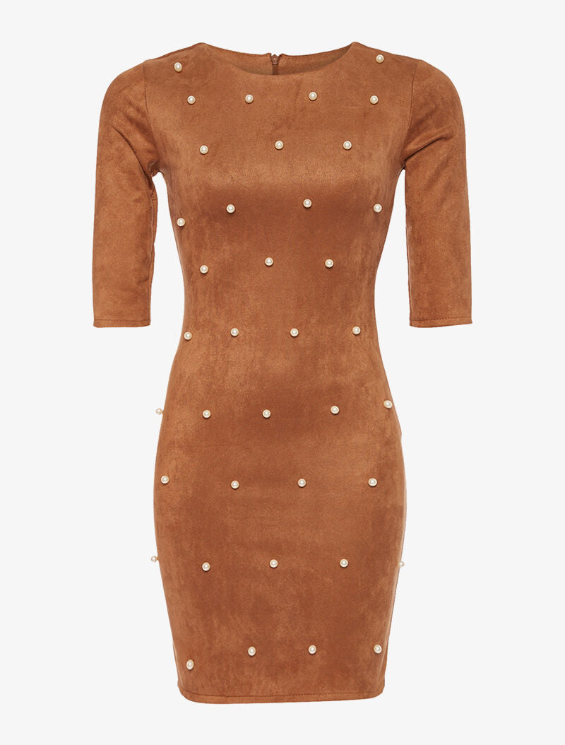 Robe daim à perles - marron - 1