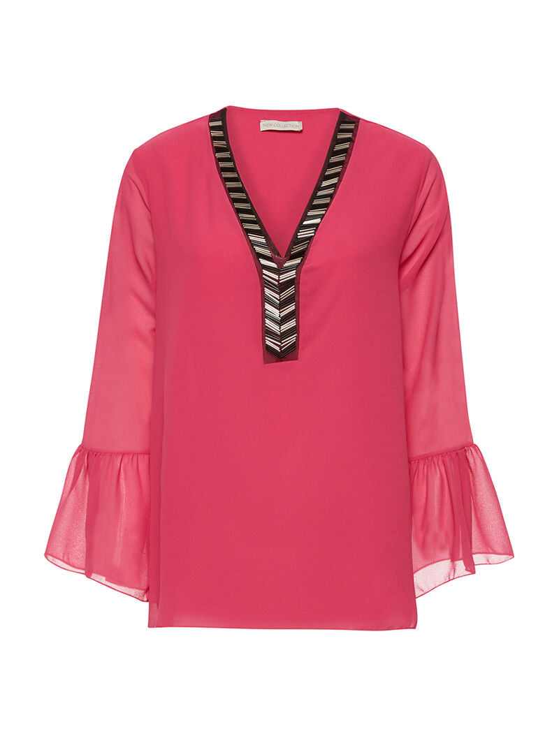 Blouse doublé col V perlé - fushia - 1