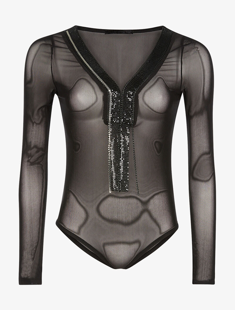 Body voile encolure frangé - noir - 1