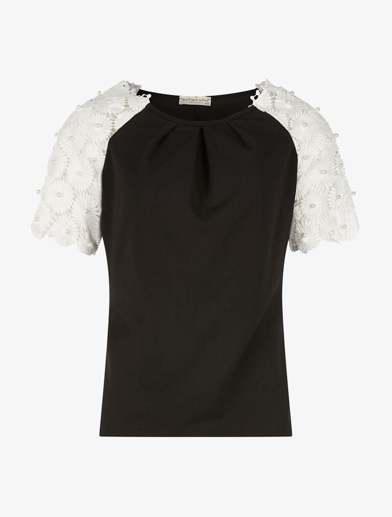 Top manches fleurs en dentelle - noir - 1