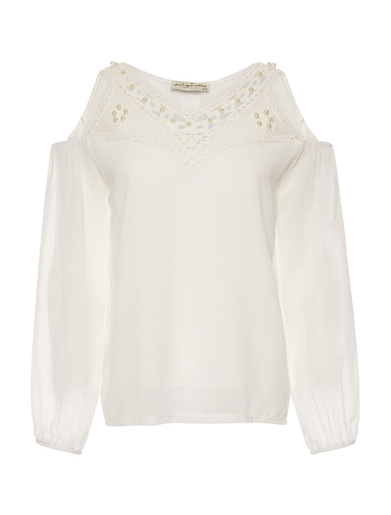 Top épaules nues en voile - blanc - 1