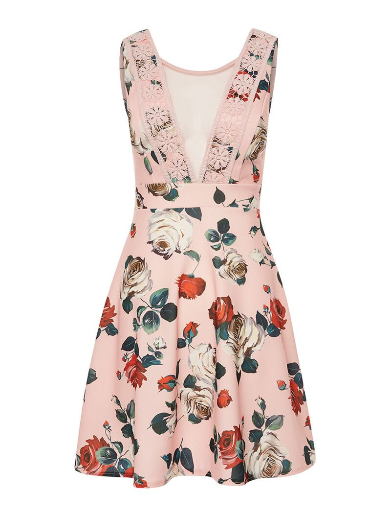 Robe fleurie décolleté bord dentelle - rose - 3