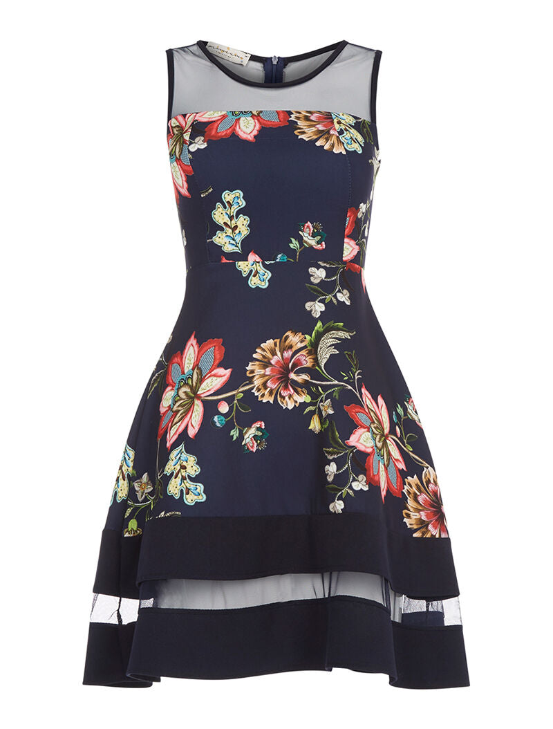 Robe empiècements transparents et fleurs - marine - 1