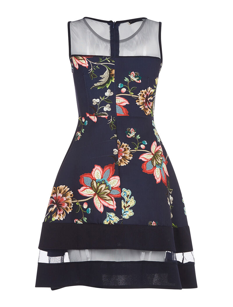 Robe empiècements transparents et fleurs - marine - 2