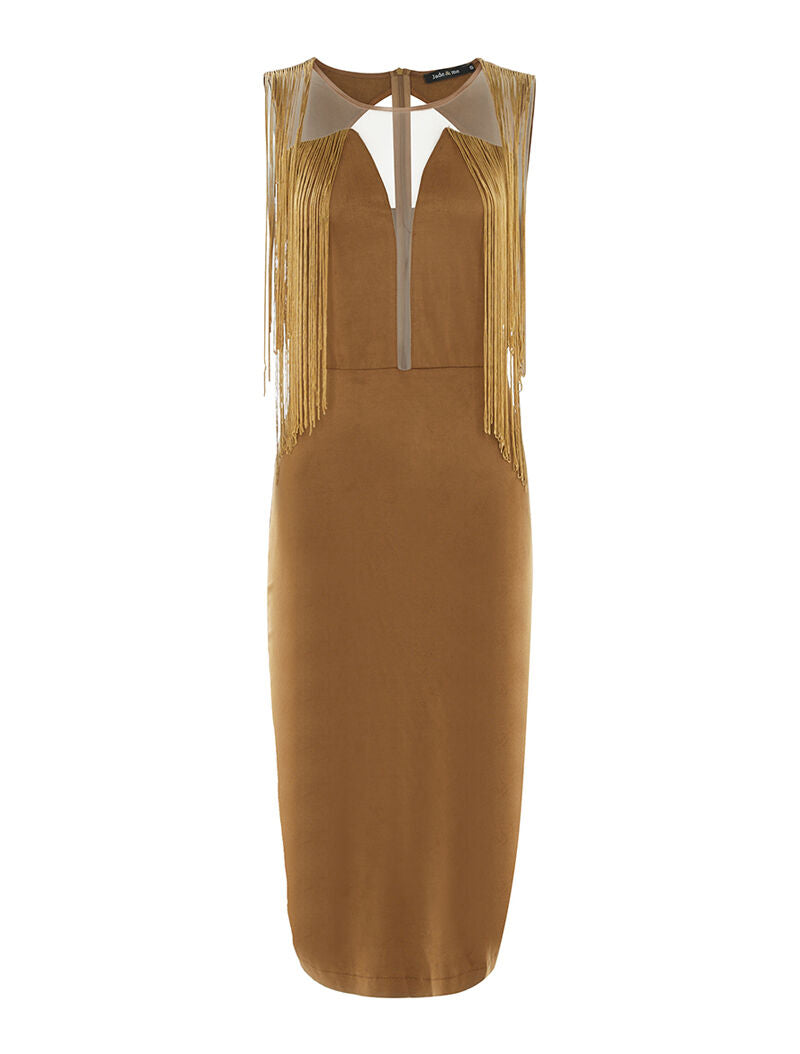 Robe à buste frangé - camel - 1