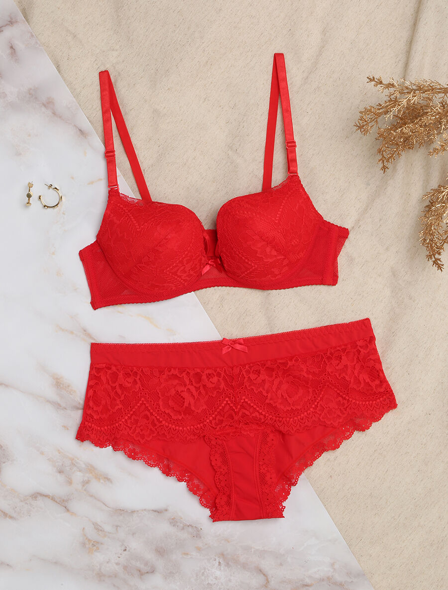 Ensemble en dentelle à liens - Rouge - 1