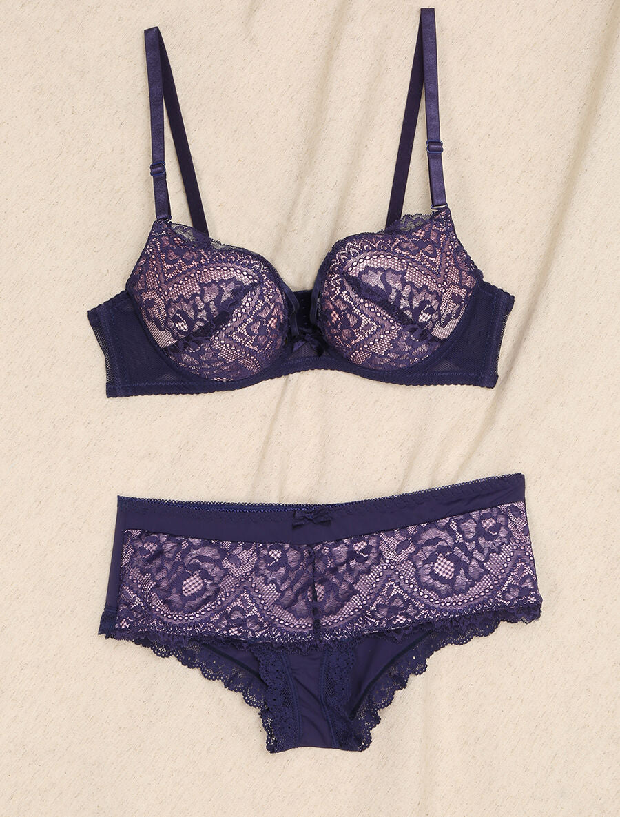 Ensemble en dentelle à liens - Violet/nude - 1