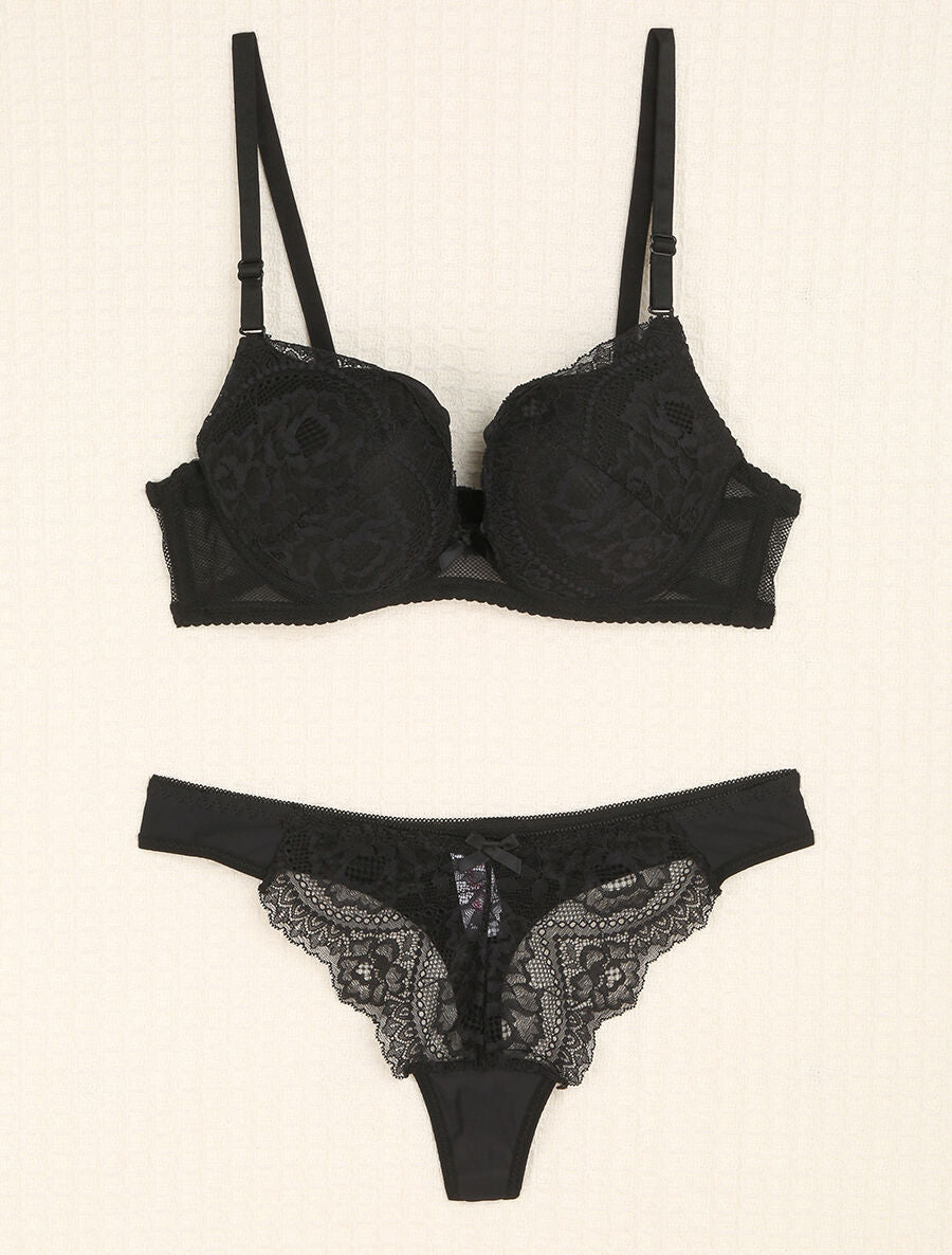 Ensemble en dentelle et tulle à liens - Noir - 4