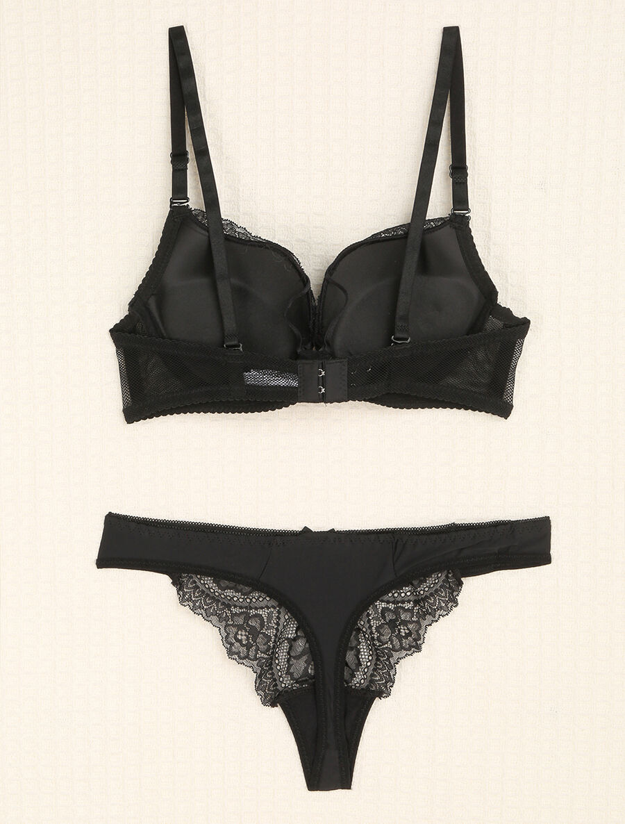 Ensemble en dentelle et tulle à liens - Noir - 2