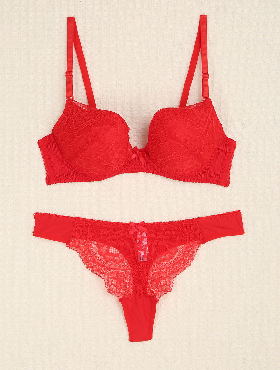 Ensemble en dentelle et tulle à liens - Rouge - 1