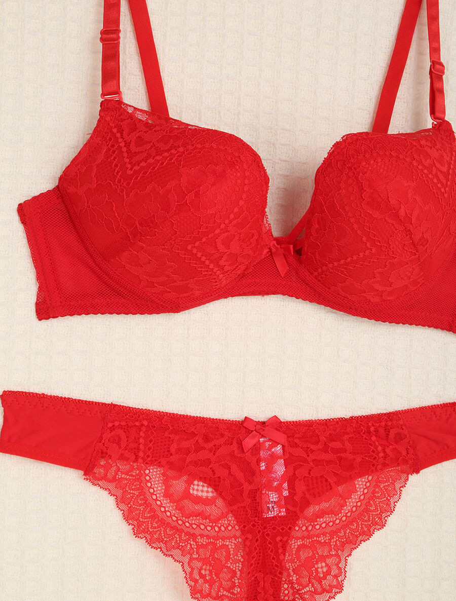 Ensemble en dentelle et tulle à liens - Rouge - 3