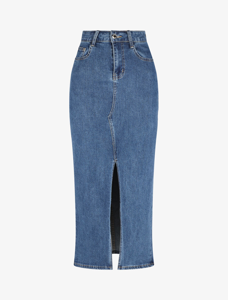 Jupe longue en jean coupe droite - Bleu - 1