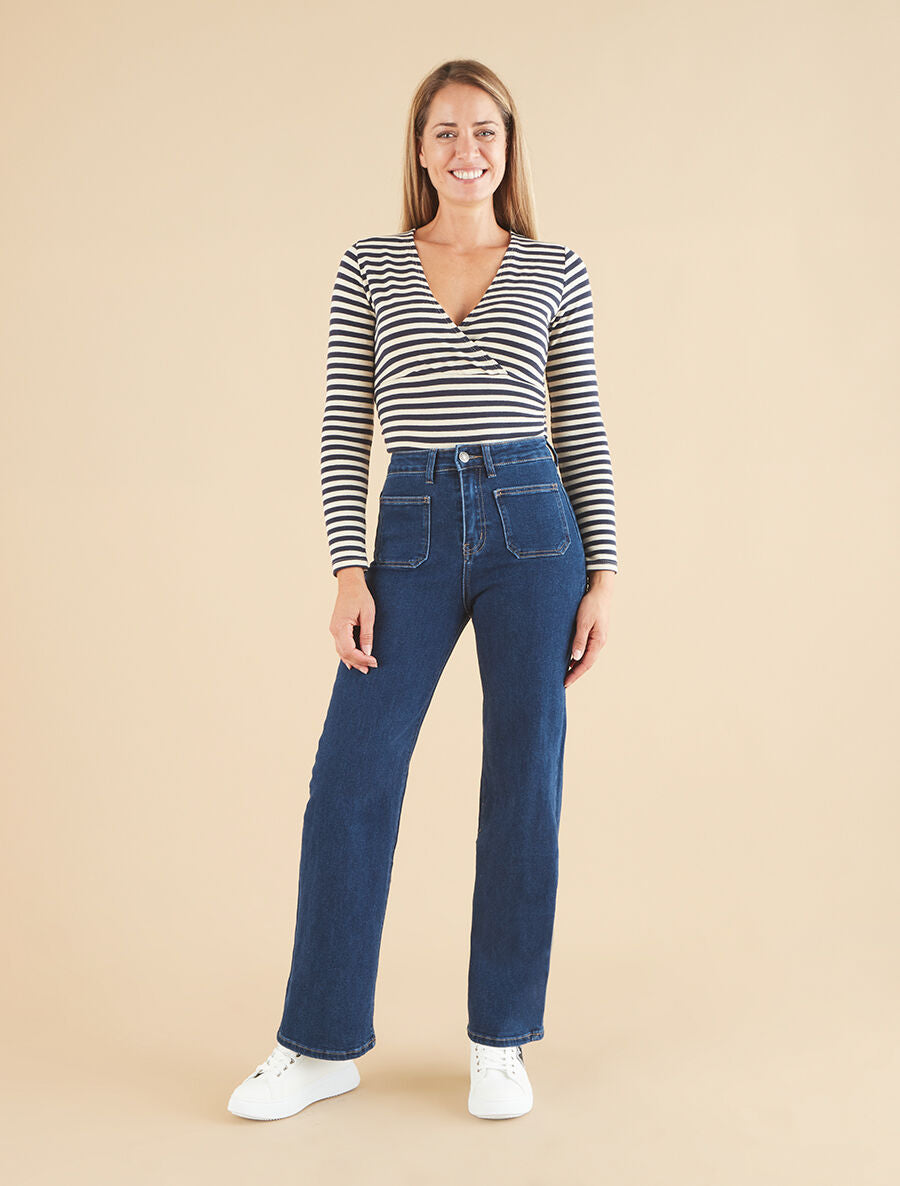 Jean wide leg taille haute coupe droite - Bleu - 4