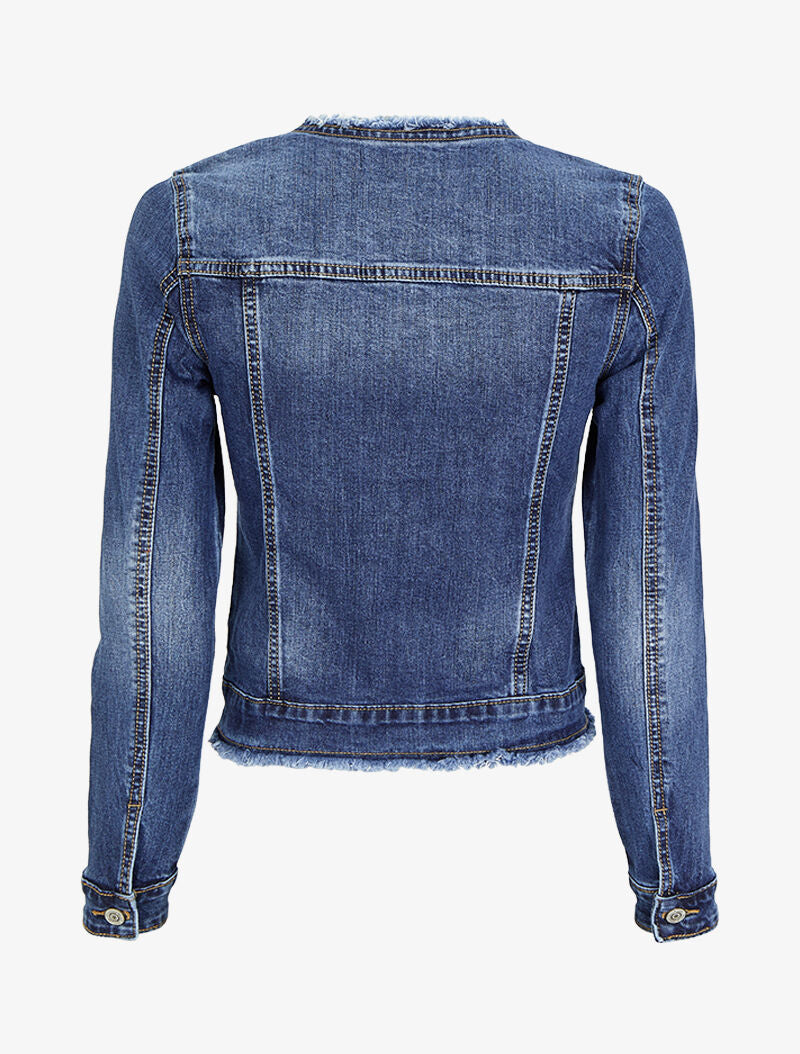 Veste en jean griffé à col rond coupe franche - Bleu denim - 2