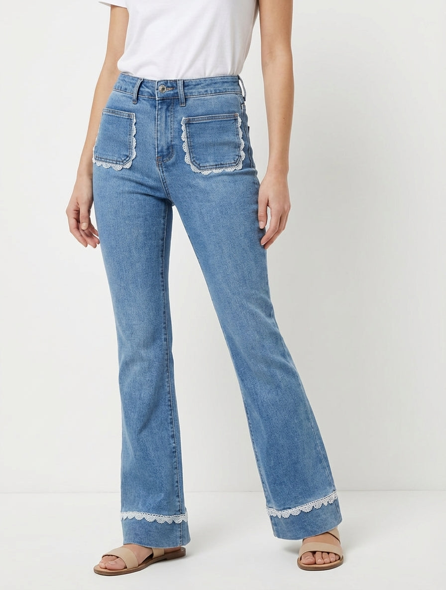 Jean mit Spitzenbesatz - Blau