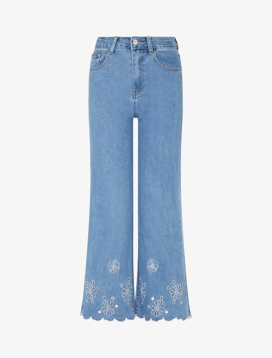 Jean wide leg à bords en vagues - Bleu - 1