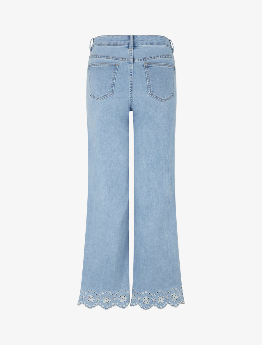 Jean wide leg à motif fleurs ajourés - Bleu - 2